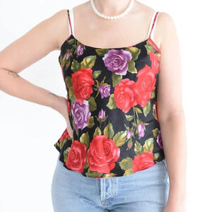 Vintage 90'S Victoria's Secret Black  & Red Floral 100% Silk Cami Tank Top S